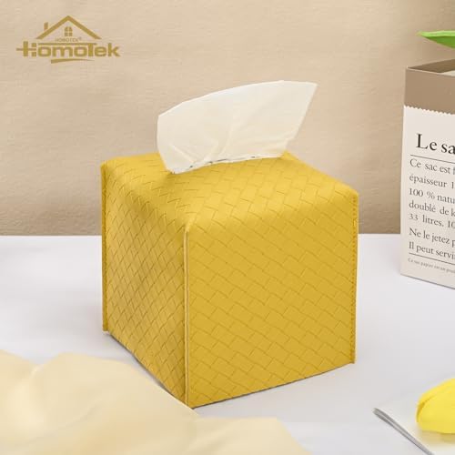 HOMOTEK 2 Pack Tissue Box Cover, Square PU Leather Tissue Holder, Decorative Facial Tissue Cube Paper Organizer Dispenser for Bathroom, Night Stands, Desk, Car 5X5X5'' - Woven Waffle,Mango Yellow - Image 3