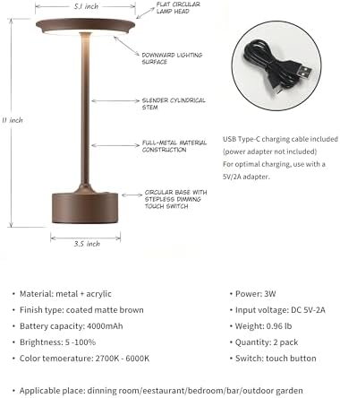 PUSU Rechargeable Table Lamps Set of 2, Brown Cordless Portable Desk Lamp - Image 5