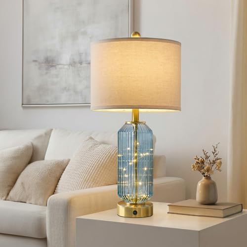 Oneach 24.5" Bedside Table Lamps Set of 2, Blue Coastal Nightstand Lamps with Night Light, USB A+C Charging Ports, Glass Lamps for Bedroom, Living Room, End Table (2 Bulbs Included) - Image 2