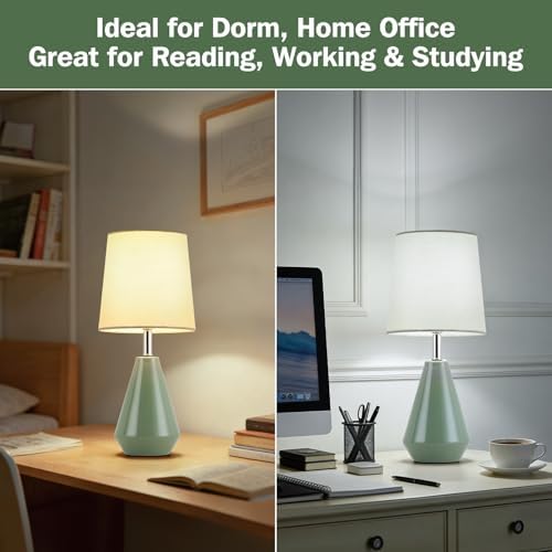 Small Bedside Table Lamp for Bedroom - Reading Desk Lamp with 3 Color Temperatures，15.5" Nightstand Ceramic Lamp with Fabric Shade for Kids Room,Living Room,Dorm,Home Office (Green) - Image 4