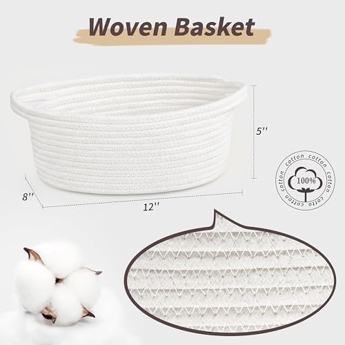 Pro Goleem Small Woven Basket with Gift Bags and Ribbons Durable Baskets for Gifts Empty Small Rope Basket for Storage 12"X 8" X 5" Baby Toy Bin with Handles, White - Image 4
