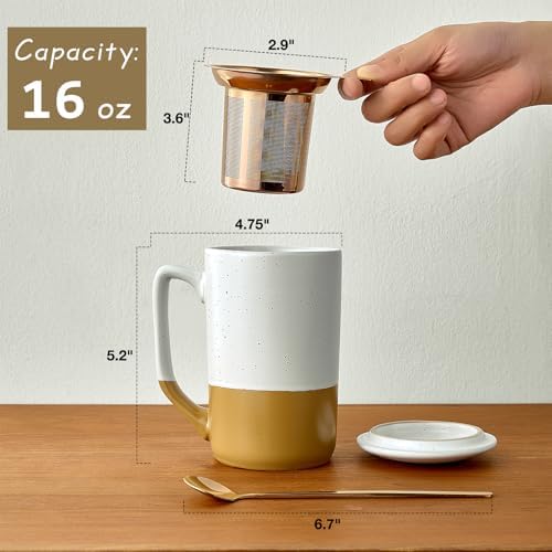 Gencywe Ceramics Large Tea Cup with Loose Leaf Infuser, Spoon and Lid, 16 oz Tall Coffee Mug, Microwave and Dishwasher Safe, Rustic Matte Ceramic Glaze, Tea Strainer, Amber - Image 3