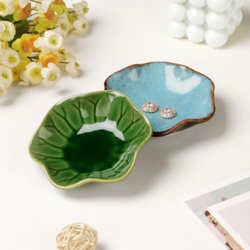 JAMEND CLXP Lotus Leaf Shape Decorative Ring Tray, Small Key Bowl, Ceramic Trinket Tray Jewelry Dish Organizing Necklace Earrings, Home Decoration for Mom Best Friend Sister, Emerald Green. - Image 4