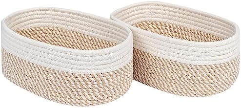 CubesLand Small Storage Baskets for Shelves, Closet Organization Bins Empty Gift Basket 2 Packs Baby Nursery Woven Organizing, Rectangular Clothes Shelves Off White/Mixed Camel by CubesLand
