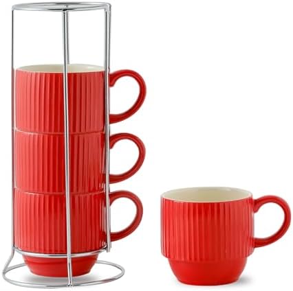 Hasense 12 Oz Coffee Mugs Set of 4 with Rack, Red Stackable Coffee Cups Ceramic, Modern Ribbed Latte Cup Sets for Cappuccino, Tea, Espresso, Hot Cocoa, Drinks - Dishwasher & Microwave Safe by Hasense