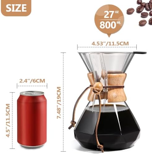 Pour Over Coffee Maker 27 OZ, 8 Cup Borosilicate Glass Drip Coffee Maker with Reusable Stainless Steel Filter and Cork Grip for Home Café 800 ML (Diamond Shape) - Image 2