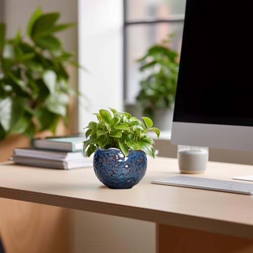 Ceramic Pots for Plants - 4 Inch Plant Pots for Indoor Outdoor, Small Planter with Drainage Hole, Unique Flower Pot, Decorative Modern Round Planter, Office Decor, Home Gifts, Retro Blue - Image 3