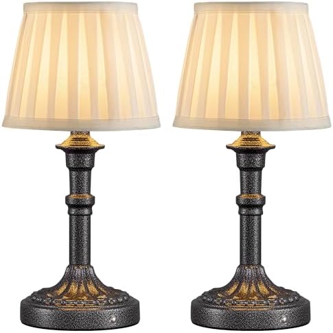 KDG Mottled Silver Cordless Table Lamps Set of 2, Beige Fabric Shade Light by KDG