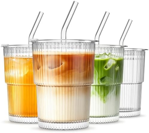 INSETLAN 13oz Glass Tumbler with Lid and Straw 4 Pack - Ribbed Glass Cup Iced Coffee Glasses, Clear Leakproof Tumbler Cup for Smoothies, Iced Latte,Matcha, Cold Drinks by INSETLAN