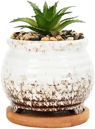 3.5 Inch Ceramic Succulent Planter Pot with Drainage Hole & Bamboo Tray - Mini Round Small Plant Pot for Indoor Desktop, Cactus Flower Container (Plant and Soil Not Included)，White - Image 3