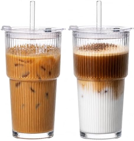 20oz Iced Coffee Cups with Lids, Glass Coffee Cups with Lids and Straws, 2P by VA1KENE