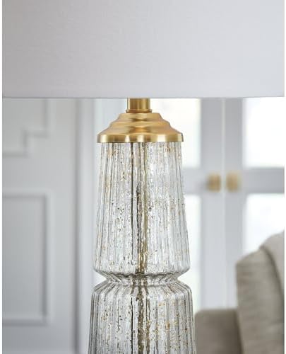 Signature Design by Ashley Bakersboro Tall Glass Table Lamp, 3-Way Rotary Switch, Fluted Glass with Goldtone Flecks and Fabric Shade for Living Room End Tables, Clear/Gold Finish, 34 Inches High - Image 5