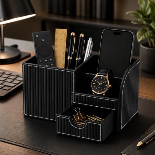KINGFOM Executive Leather Desk Organizer with Drawer, Modern Black Desk Accessories for Men, Premium Office Desk Organizer with Pen Holder & Storage Compartments for Home Office - Image 7