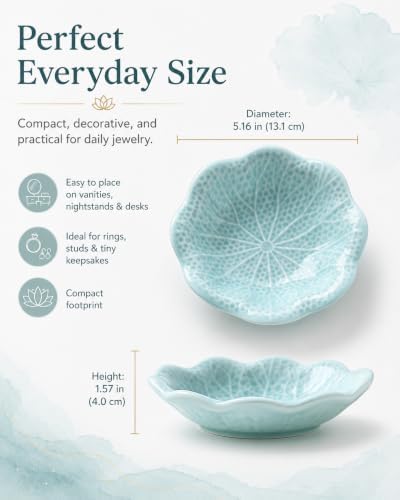 Ceramic Jewelry Dish Tray, Lotus Flower Tray, Elegant Vanity Trinket Holder for Rings Earrings Necklace, Minimalist Decorative Organizer Plate for Nightstand Desk Bathroom, Gift for Women - Image 3