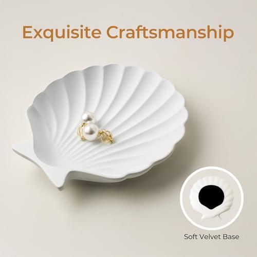 Shell Jewelry Dish, Shatterproof Matte White Metal Ring Tray with Velvet Base, Ceramic-Look Scallop Trinket Dish for Vanity, Coastal Decor Catchall, Nightstand & Gift - Image 4
