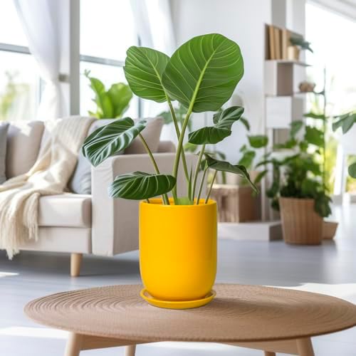 Plant Pot 8 Inch - Ceramic Plant Pot with Drainage Hole and Saucer Large Planter for Indoor Plants Outdoor Modern Flower Pot for Home Garden Decor Yellow - Image 2