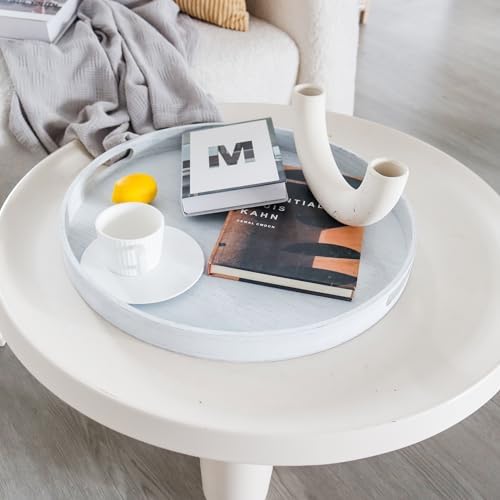 19.6" Extra Large Round Wooden Decorative Tray with Handles,White - Image 3