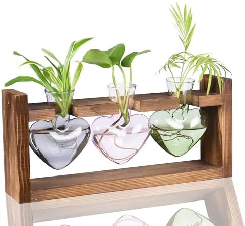 Kingbuy 3-Heart Plant Terrarium Kit - Stained Glass Vase Propagation Station with Vintage Wood Stand - Wall-Mounted & Tabletop Indoor Garden Decor for Home Kitchen Wedding (Grey, Green, Pink) by Kingbuy