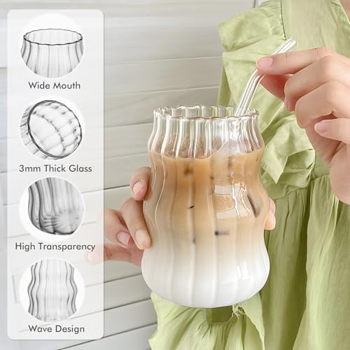 Ribbed Glass Cups Set of 4: 18OZ Vintage Aesthetic Iced Coffee Glasses with Straws, Cute Drinking Glasses with Wave Shape Design, Matcha Glass Cup Bubble Cups for Juice, Tea, Beverage, Gift - Image 4