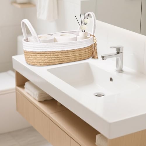 ABenkle Small Storage Basket for Toilet Tank Top - Jute Rope Woven Organizer with Handle, Boho Countertop Bathroom Decor, Toilet Paper Holder, 13x6x4 Inch - Image 6