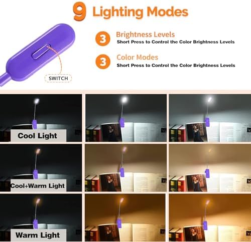 VAVOFO Rechargeable Book Light for Reading in Bed Kids, 7 LED Reading Light with 9-Level Warm Cool White Daylight, Eye Care Lamp with Power Indicator for Bookworms (Dark Purple) - Image 3