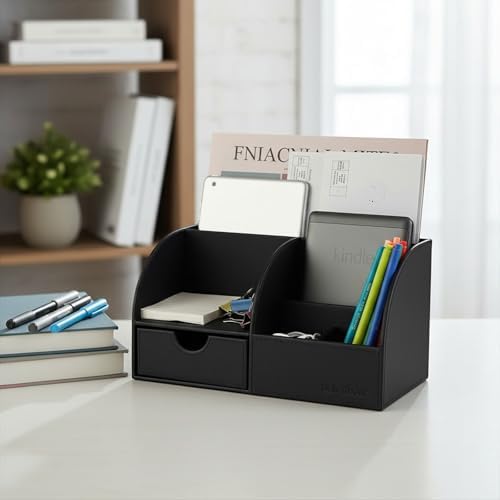 UnionBasic Desk Organizer - Multifunctional Leather Desktop Pen Holder Storage Box - Business Card/Pen/Pencil/Mobile Phone/Stationery Holder, Black - Image 6