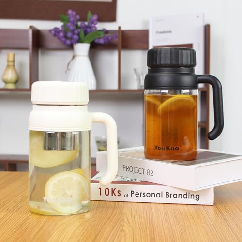 32oz Glass Water Bottle, Tea Bottle with Infuser & Handle, BPA-Free Leakproof Wide Mouth Large Tea Infuser cup for Hot or Cold Drinks, Loose, Fruit (Black) - Image 3