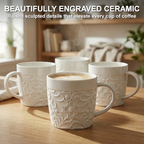 16 Oz Ceramic Coffee Mugs Set of 4, Rustic Embossed Nature Design, White - Image 2