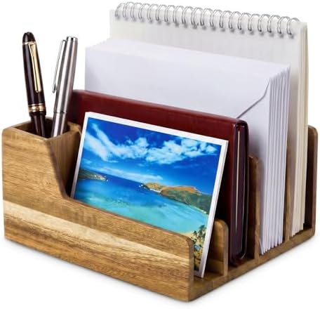 Novabright Acacia Wood Mail Organizer with Pen Holder, 5 Slot Desk File Organizer, Wooden Letter Sorter for Desk, Compact Desktop Document Holder for Home Office Storage Back to School by Unknown