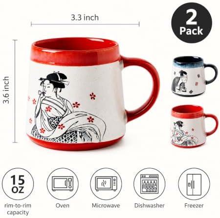 BICETTO Japanese Coffee Mug Set of 2, Ukiyo-e Samurai & Geisha Design, 15oz - Image 2