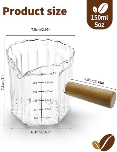 Espresso Measuring Cup 5 Oz, Espresso Glass Cups with Wood Handle, Milk Frothing Cup, Espresso Cup for Coffee, Milk, Tea or Maple Syrup Serving (Transparent, 5 oz) - Image 2