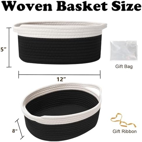 Woven Rope Basket - Baby Gift Basket with Bag & Ribbon, White&Black - Image 2