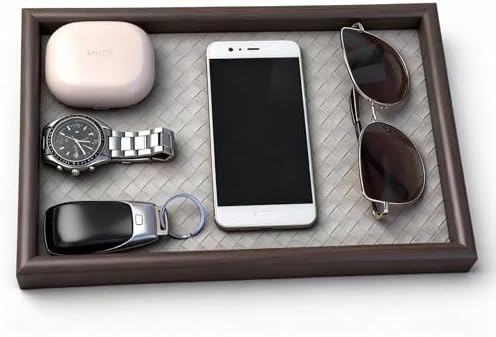 Wooden Valet Tray with Leather Base - Nightstand Catchall Organizer for Cologne, Perfume, Keys, Wallet, Phone, Watch, Jewelry & Sunglasses (Llight Gray) by Zosenley