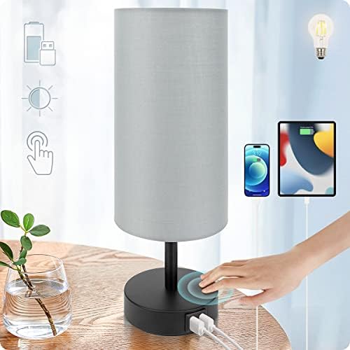Yarra-Decor Bedside Lamp with USB Port - Touch Control Table Lamp for Bedroom 3 Way Dimmable Nightstand Lamp with Round Grey Fabric Shade for Living Room, Dorm, Home Office (LED Bulb Included) by Yarra-Decor