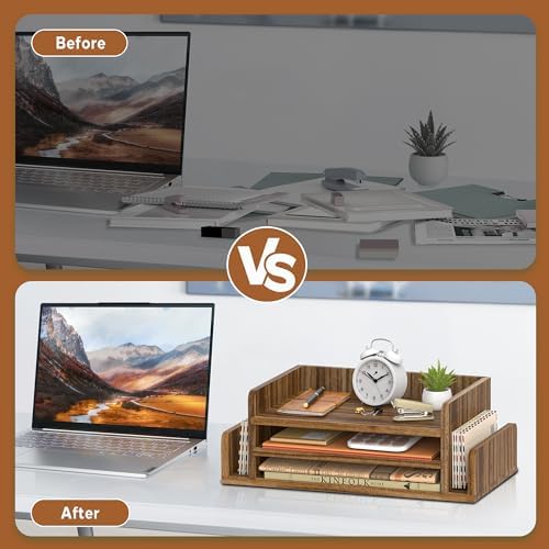 Wooden Desk Organizer, 3-Tier Paper Trays with 2 Mail Sorters, Dark Brown - Image 6
