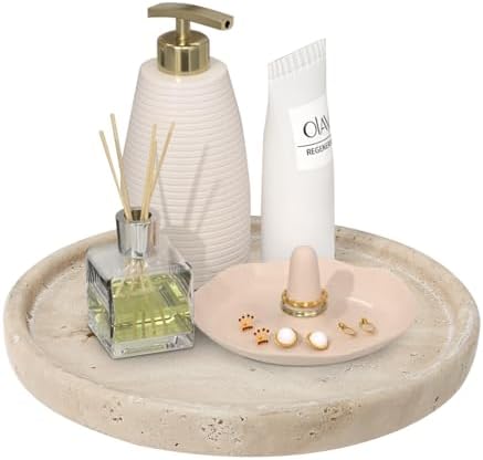 Travertine Tray, Small Ceramic Vanity Tray for Bathroom Counter Decor, Round Marble Decorative Trays for Coffee Table (Beige, Medium Size) by Unknown