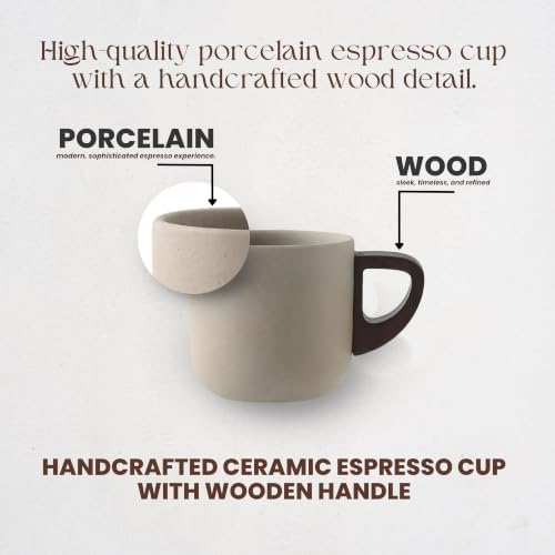 Artizan Handcrafted Ceramic Espresso Cup with Wooden Handle – 150 ml Small Espresso Cup, Rustic Speckled Sandstone Coffee Cup – Pack of 2 - Image 3