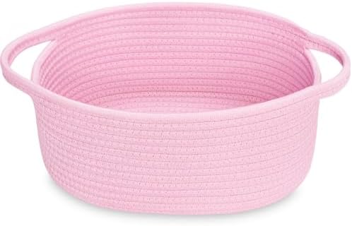 ABenkle Small Basket with Handles, Boho Decorative Rope Woven Dog Cat Toy Storage Bin Shelf Storage Organizer, Easter Christmas Gift Basket, 12"x8"x5", Pink by ABenkle