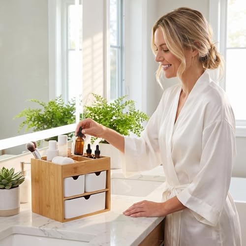 Small Bamboo Makeup Organizer with 3 Drawers - Image 3