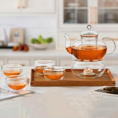 CnGlass 33.8oz Glass Teapot with Removable Infuser,Stovetop Safe Tea Kettle with 4-Pack Glass Teacups 3.4oz and Tea Warmer 5.3 in/13.5cm Diameter by CNGLASS