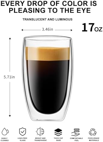 DOPUDO 17oz Double Wall Glass Coffee Mugs Set of 4, Insulated Coffee Mug, Clear Borosilicate Glass Coffee Cups for Cappuccino, Tea, Lightweight and Microwave Safe - Image 3