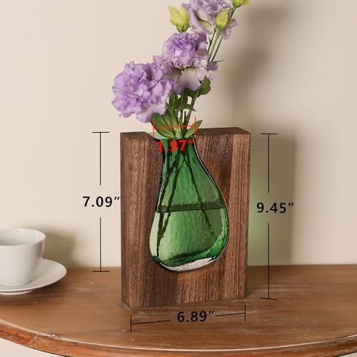 Wood and Glass Inlay Vases Farmhouse Wooden Glass Flower Vase Solid Wood Glass Vase Home Decor Vases for Centerpiece (9.29 Inches) - Image 6
