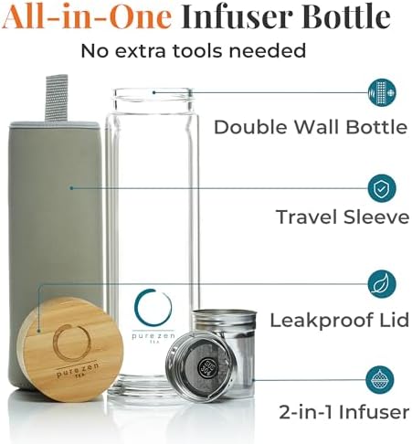 Pure Zen Tea Glass Tea Infuser Bottle, Leakproof, Tea Tumbler with Infuser - Image 3