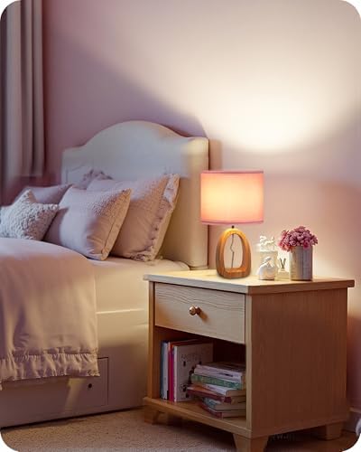 Pink Table Lamp, 14.2" Small Cute Desk Lamp, Wood Bedside Lamp with Pink Linen Lampshade & Natural Wood Base, Modern Nightstand Lamp for Girl's Room, Bedroom, E26 Base, MP07TL05 - Image 3
