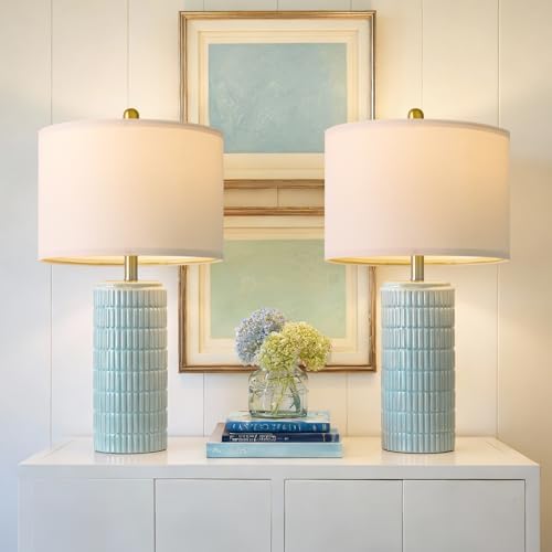PoKat 23" Light Blue Table Lamps Set of 2, Modern Bedside Lamps for Bedroom, Coastal Ceramic End Table Lamps for Living Room, Ocean Nightstand New Home Decor Lamps by Pokat