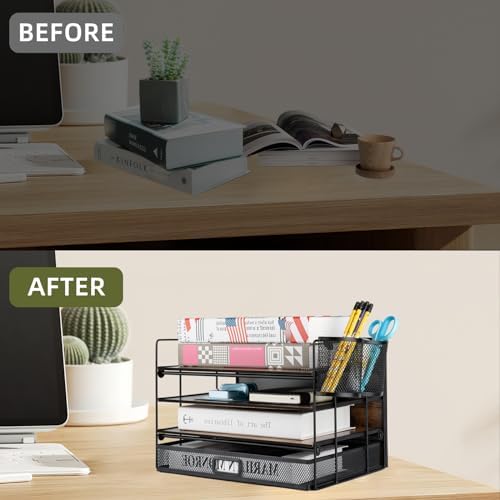 4 Tier Desk Organizers and Accessories, Paper Letter Tray Organizer,Vintage Wood Desk File Organizer with Drawer and 2 Pen Holders for School Home Office Supplies - Image 5