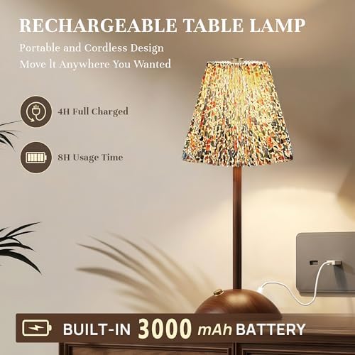 Small Vintage Cordless Table Lamp, Rechargeable Battery Operated Lamp with 3 Color Temperatures Stepless Dimming, Floral Bedside Nightstand Lamp for Bedroom, Living Room, Coffee Table, Bookshelf - Image 4