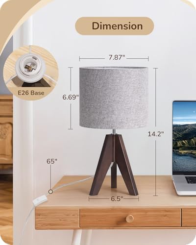 EDISHINE Boho Small Table Lamp, Wood Lamp, Grey Linen Lampshade,14.2 Inch - Image 5