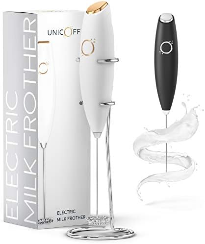 Milk Frother White - Coffee Frother Handheld with Electric Whisk - 19000 rpm - Book Recipes and Stainless Steel Stand Included - Hand Mixer Electric (White and Gold) by Unicoff
