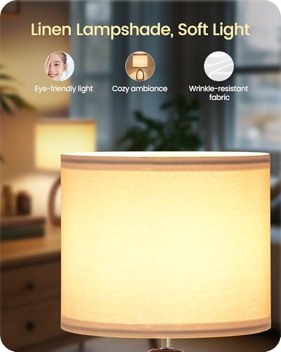 Small Table Lamp, 14.2" Cute Little Desk Lamp, Wood Bedside Lamp with White Linen Lampshade & Dark Pearwood Base, Modern Nightstand Lamp for Bedroom, E26 Base, Bulb Not Included, LW07TL05 - Image 6